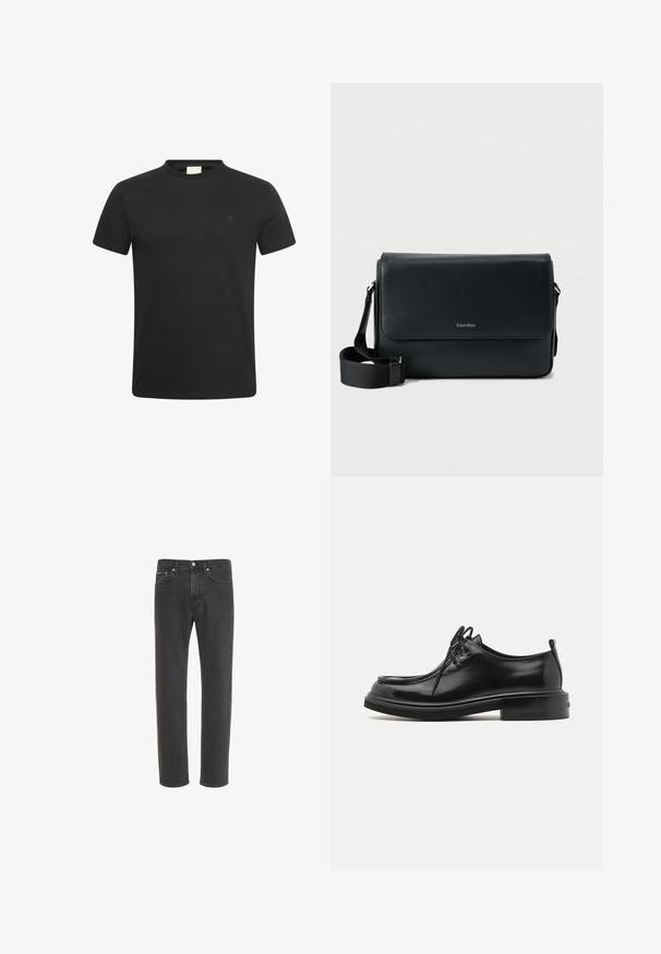 T-shirt noir à manches courtes avec col rond et petit logo "cK" subtil sur la poitrine gauche.; Jean en denim noir à coupe droite avec fermeture avant par bouton et zip, poches avant et arrière, présenté sur fond blanc.; Calvin Klein LACE UP APRON BRUSH OFF - Derbies - black; Sac messager en cuir noir à surface texturée, avec une bandoulière ajustable et un rabat avant affichant un logo discret. Forme compacte et rectangulaire.