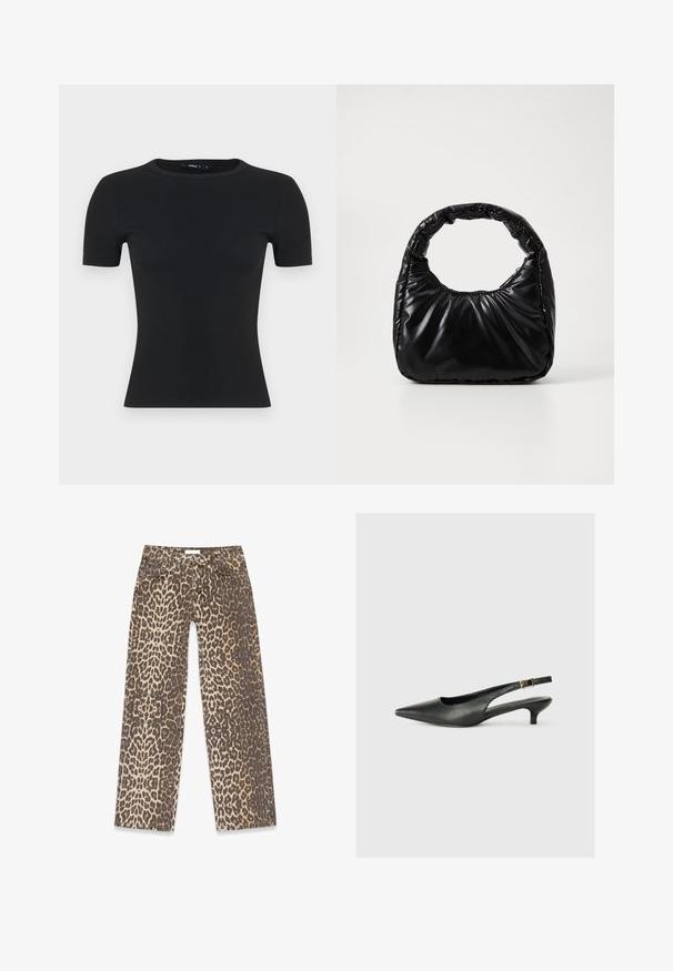 Sort, ribbet t-shirt med korte ærmer, rund halsudskæring, tætsiddende design, lavet af tekstureret stof med en glat finish og uden synlige detaljer.; Leopardskindede denimjeans med en neutral beige og brun farvepalet, lige ben-design og traditionelle lomme-detaljer.; Sorte spidse slingback-sko lavet af glat læder. Har en tynd hæl og en spænde detalje på den justerbare rem.; Sort polstret håndtaske med et rundt håndtag, der har en glat, skinnende overflade og en blød, kviltet tekstur. Ingen synlige hardware eller accenter.