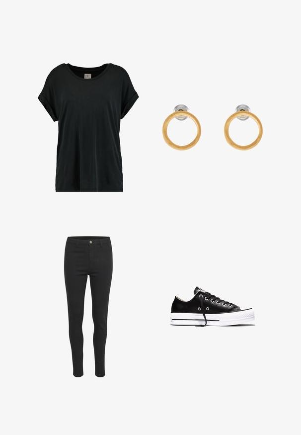 Sort kortærmet t-shirt med rund halsudskæring, lavet af blødt stof, med en løs pasform og opsmøgede ærmer for ekstra detalje.; Sorte skinny jeans med en glat stofstruktur, der har en frontknaplukning, fem lommer og et tætsiddende design.; Sort lav sneakers med hvid gummisål, sorte snørebånd og sølvfarvede snørehuller set fra siden mod en hvid baggrund.; Guldtonede metaløreringe med cirkulære trædetaljer, der har en glat overflade og et minimalistisk design. Silhuetten understreger enkelheden.