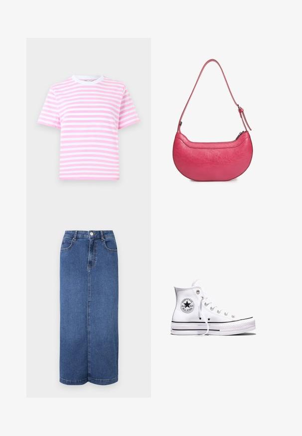 Gestreept T-shirt met korte mouwen in roze en wit, met een ronde halslijn en zachte stof. Voorzien van horizontale strepen in verschillende breedtes.; Denim maxi rok in donkerblauw, met een rechte snit, een tailleband met knoopsluiting en minimale stikdetails.; Witte Converse Chuck Taylor All Star sneaker met hoge schacht, zwarte strepen en logo-patch aan de zijkant, weergegeven tegen een effen witte achtergrond.; Roze leren handtas met een gebogen vorm, een enkele verstelbare schouderriem en een ritssluiting aan de bovenkant. Geprofileerde afwerking met zichtbare kreukels.