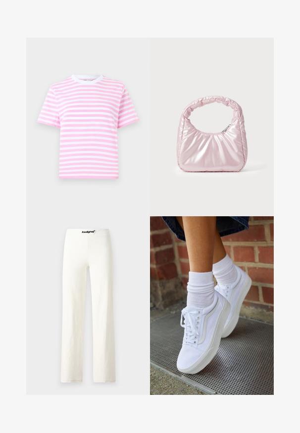 Gestreept T-shirt met korte mouwen in roze en wit, met een ronde halslijn en zachte stof. Voorzien van horizontale strepen in verschillende breedtes.; Witte katoenen wijde broek met een gladde textuur, voorzien van een zwarte logoband en een eenvoudig, minimalistisch ontwerp.; Witte canvas sneakers met rubberen zolen, voorzien van zes vetertjes, een ronde neus en lichte stikdetails, gecombineerd met witte enkelsokken.; Roze, gevoerde handtas met een afgeronde vorm, gemaakt van glanzend materiaal. Beschikt over een geplooide handgreep en een ritssluiting voor veilige toegang.