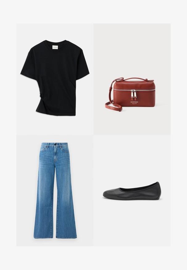 T-shirt noir en coton doux, doté d'un col rond, de manches courtes et d'un design légèrement torsadé pour une coupe décontractée.; Jeans en denim bleu taille haute avec une coupe large, fermeture à bouton à l'avant, fermeture éclair et poches avant et arrière.; Ballerines en cuir noir avec un bout rond, texture lisse, détails de couture minimalistes et design de semelle flexible.; Petit sac bandoulière en cuir marron avec double fermeture éclair argentée et sangle réglable, logo Emporio Armani à l'avant.