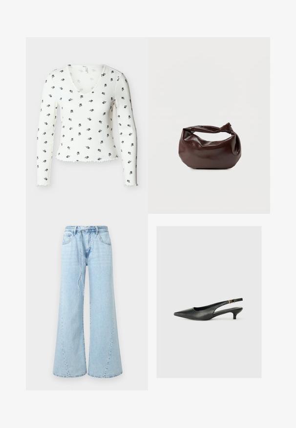 Hvid ribbet langærmet top med V-hals og små sorte blomsterprint, der har krøllede kanter på ærmer og bund.; Lyseblå vidde jeans med forlommer, bæltestropper og et løst bindebælte i taljen på ensfarvet baggrund.; Sorte spidse slingback-sko lavet af glat læder. Har en tynd hæl og en spænde detalje på den justerbare rem.; Mørkebrun læder skuldertaske med en blød, afslappet form og et snoet knudehåndtag på en ensartet hvid baggrund.