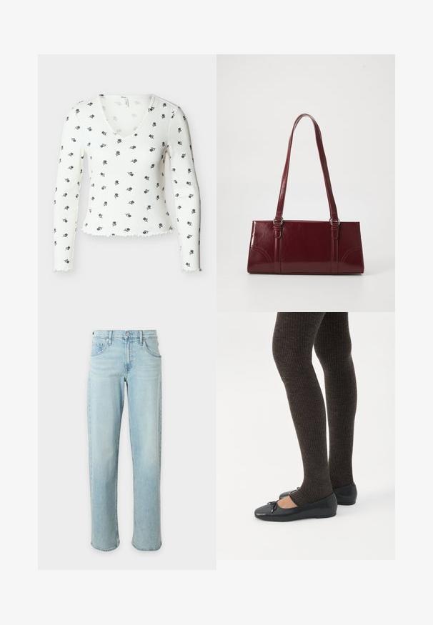 Haut blanc côtelé à manches longues avec décolleté en V et petits imprimés floraux noirs, avec ourlets festonnés sur les manches et le bas.; Jean bleu clair à jambes droites avec poches avant et ceinture boutonnée sur fond blanc uni.; Jambes portant des leggings côtelés foncés associés à des ballerines noires avec de petits détails en nœud sur fond blanc.; Sac à main bordeaux en matériau brillant, de forme rectangulaire, avec deux anses et des accents légèrement courbés à l'avant.