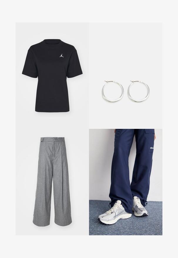 Sort bomulds-T-shirt med rund hals og korte ærmer. Har et hvidt Jumpman-logo på venstre bryst. Glat tekstur, regulær pasform.; Grå vidde bukser lavet af blødt stof, med høj talje, frontfolder og et diskret logo-tag på taljebåndet.; Nike sportssko med en sølvfarvet mesh-overdel, hvide detaljer og strukturerede såler, parret med løstsiddende navy bukser.; Sølv hoops øreringe har et glat, afrundet design med en slank profil og sikker spænde. Minimalistisk stil med en poleret finish.
