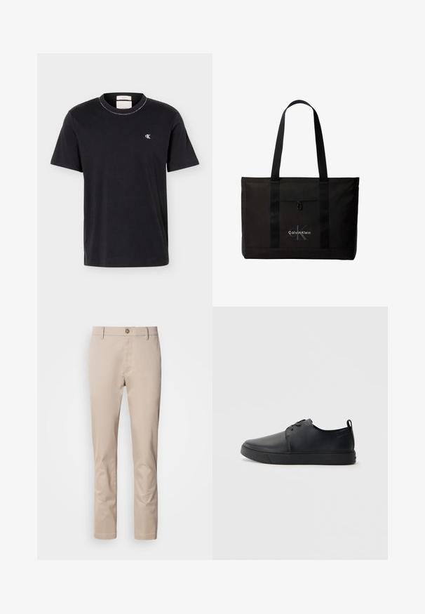 T-shirt noir à manches courtes et col rond avec petit logo blanc "cK" sur le côté gauche de la poitrine, coupe classique, design simple.; Chinos en coton beige avec une coupe droite, passants de ceinture, un unique bouton frontal et une surface lisse, sans texture. Aucune poche n'est visible.; Baskets en cuir noir avec une finition lisse, bout arrondi, coutures ton sur ton, devant à lacets et semelle plate en caoutchouc. Anse au talon.; Sac cabas noir Calvin Klein avec deux longues poignées et une poche avant, avec le logo de la marque en blanc et gris.