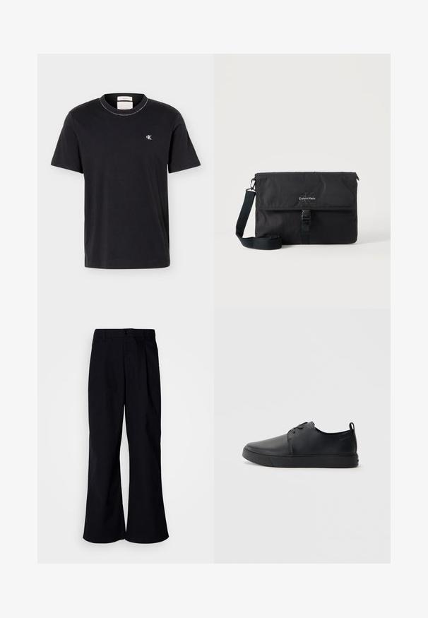 T-shirt noir à manches courtes et col rond avec petit logo blanc "cK" sur le côté gauche de la poitrine, coupe classique, design simple.; Pantalons larges noirs en coton avec un pli à l'avant, présentant une fermeture à bouton et des passants de ceinture, texture lisse et sans motifs visibles.; Baskets en cuir noir avec une finition lisse, bout arrondi, coutures ton sur ton, devant à lacets et semelle plate en caoutchouc. Anse au talon.; Sac messager noir Calvin Klein avec bandoulière réglable et rabat avant sécurisé par une boucle, présenté sur un fond uni.