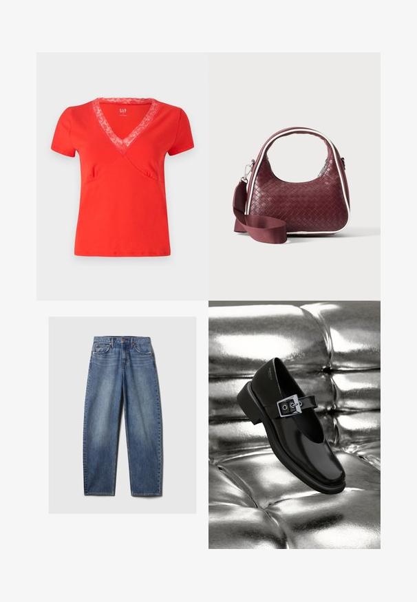 Rød T-shirt med korte ærmer og V-hals med blondekanter. Blødt stof, tætsiddende pasform og dekorativ syning langs sømmene.; Blå denim jeans med en afslappet pasform, der har fem lommer, kobbernitter og en fadet vask. Lige ben med en ren kant.; Sorte læder Mary Jane sko med firkantet tå, en sølv spænde accent og en chunky lav hæl, sat mod en glansfuld sølv baggrund.; Mørkerød vævet lædertaske med buet hank, hvid kant, sølv lynlås og aftagelig bred stofskulderrem mod en ensfarvet baggrund.