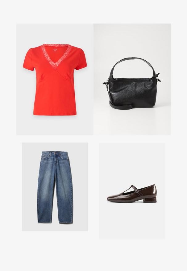 Rød T-shirt med korte ærmer og V-hals med blondekanter. Blødt stof, tætsiddende pasform og dekorativ syning langs sømmene.; Blå denim jeans med en afslappet pasform, der har fem lommer, kobbernitter og en fadet vask. Lige ben med en ren kant.; Brune Mary Jane-sko i laklæder med en rundet tå, udskæringsdesign og justerbar rem. Lav blokhæl.; Sort læderhåndtaske med et struktureret design, rund tophåndtag og aftagelig skulderrem. Den har en glat tekstur og en subtil glans.