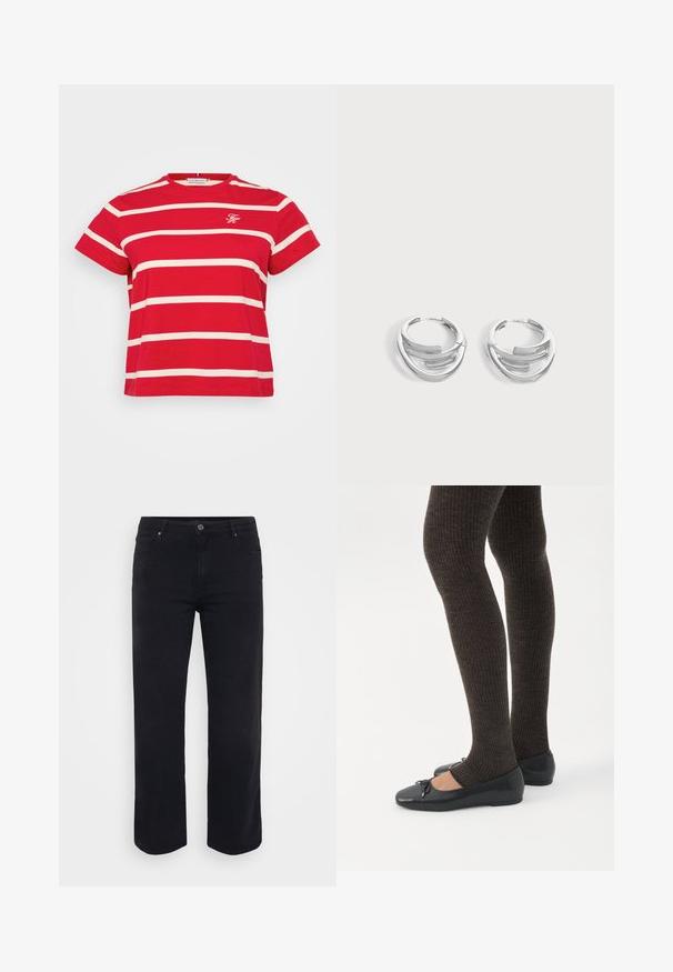 Camiseta roja de manga corta con rayas horizontales blancas, escote redondo y un pequeño logo en el pecho. Fabricada con material de algodón suave.; Jeans de denim negro con un diseño de pierna recta. Las características incluyen un cierre de botón en la cintura, trabillas para cinturón y bolsillos delanteros y traseros. Textura suave.; Piernas con leggings oscuros acanalados combinados con bailarinas negras que presentan pequeños detalles de lazo sobre un fondo blanco.; Par de pendientes de aro plateados pulidos con diseño de barra curva en capas sobre un fondo claro y liso.