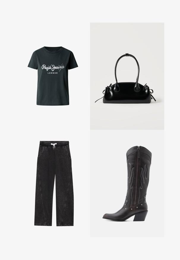 Camiseta de algodón negra con un logotipo blanco desgastado "Pepe Jeans LONDRES" en el pecho, de manga corta y cuello redondo.; Pantalones anchos y negros hechos de una tela texturizada. Presentan una cinturilla elástica con un cordón blanco y bolsillos frontales con costuras diagonales.; Botas de cowboy de cuero marrón con costuras en forma de llama, cremallera lateral, tachuelas plateadas, punta puntiaguda y tacón apilado.; Pequeño bolso negro brillante con dos asas largas y detalles de cordón lateral sobre un fondo claro liso.
