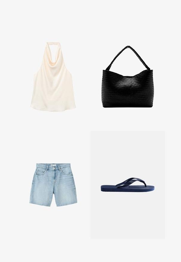 Cremefarbenes ärmelloses Neckholder-Top mit drapiertem Wasserfallausschnitt und Rückenverschluss.; Hellblaue Denim-Shorts mit Fünf-Taschen-Design, Gürtelschlaufen, Knopfverschluss und rohen Saumkanten.; Dunkelblaue Gummi-Zehensandale mit strukturierter Sohle und Y-förmigem Riemen auf schlichtem hellem Hintergrund.; Schwarze gewebte Handtasche mit einem geflochtenen Griff, rechteckiger Form und glänzend strukturierter Oberfläche.