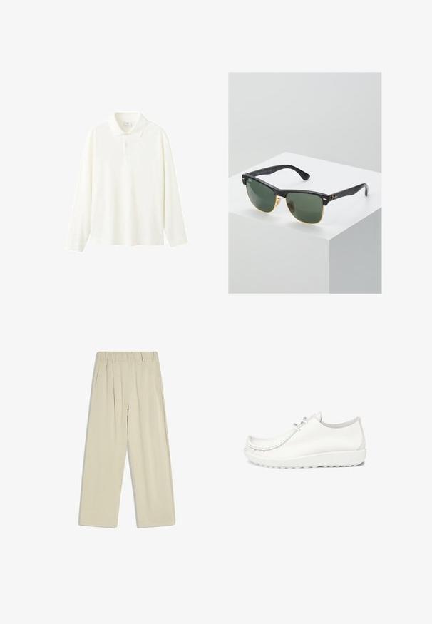 Langärmeliges Poloshirt aus offweißem Baumwollstoff, mit klassischem Kragen, Drei-Knopf-Leiste und einer lässigen Passform ohne sichtbare Muster.; Beige, hochtaillierte Hose mit elastischem Bund, weitem Bein und seitlichen Taschen, auf weißem Hintergrund präsentiert.; Weiße Lederschuhe mit runder Zehenpartie, genähten Details und einer leichten weißen Sohle. Verfügt über zwei Ösen für die Schnürsenkel.; Ray-Ban Sonnenbrillen mit grünen Gläsern, schwarzen Kunststoffrahmen und goldenen Akzenten an den Rändern. Quadratische Form mit matter Oberfläche.
