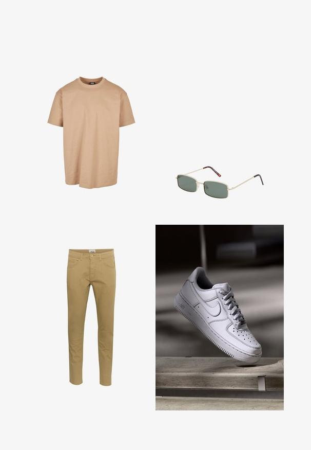 T-shirt en coton beige avec un col rond, des manches courtes et une coupe décontractée ; présente une texture lisse et un design minimal.; Chino beige avec une coupe ajustée. Fabriqué en tissu mélangé de coton, comportant deux poches latérales et une poche arrière, fermé par un bouton.; La basket Nike Air Force 1 en cuir blanc présente un embout perforé, des lacets plats et une semelle en caoutchouc texturée avec le logo « AIR » sur le côté.; Lunettes de soleil rectangulaires avec des verres vert foncé. Monture en métal argenté, à bras fins avec des accents en motifs écaille de tortue foncés.