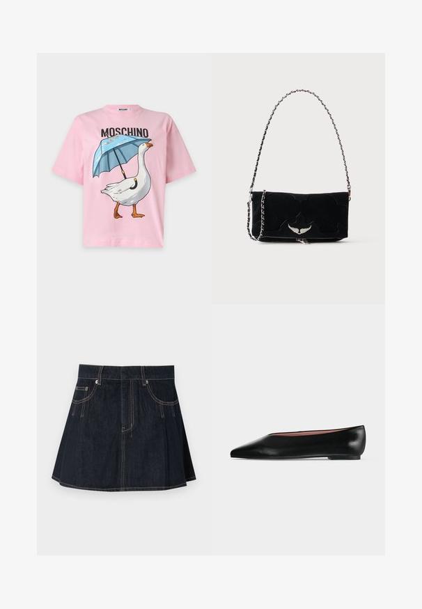 Hellrosa T-Shirt mit einem Motiv einer weißen Gans, die einen blauen Regenschirm hält, und dem Markennamen Moschino darüber.; Jeansrock in Dunkelblau, mit ausgestelltem Design, Gürtelschlaufen, Vordertaschen und kontrastierenden Nähten entlang der Säume.; Schwarzer flacher Damenleder-Schuh mit spitzer Kappe und niedrigem Absatz, von der Seite auf einfarbigem hellgrauem Hintergrund gezeigt.; Schwarze rechteckige Handtasche mit silbernem Flügel-Emblem vorne und silbernem Kettenriemen vor schlichter Hintergrund.