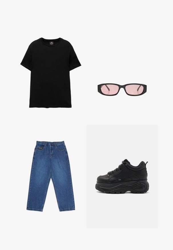 Sort T-shirt med korte ærmer og rund halsudskæring med Pull&Bear mærke indeni kraven, lagt fladt på hvid baggrund.; Blå denim vidde-bukser med knapper foran og lynlås, fem lommer og en lille rektangulær mærkeflap på den højre forreste lomme.; Svarte lædersneakers med chunky såler, tykk gummisål, slankt design og teksturerede detaljer. Har snørebånd og en pull tab ved hælen.; Sorte rektangulære solbriller med smalle rosa-tonede linser, der hviler på en hvid overflade.