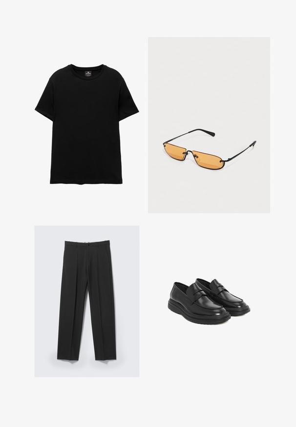 Zwart T-shirt met korte mouwen en ronde hals, met Pull&Bear-label aan de binnenkant van de kraag, plat gelegd op een witte achtergrond.; Zwarte op maat gemaakte broek met plooien aan de voorkant, zijzakken, riemlussen en knoopsluiting in de tailleband op een lichte achtergrond.; Zwarte leren instappers met een ronde neus, gestikte details en een plateauzool van rubber. Heeft een decoratieve band over de wreef.; Zwart metalen zonnebril met dunne frames, voorzien van langwerpige oranje getinte lenzen en subtiele branding op de armen.
