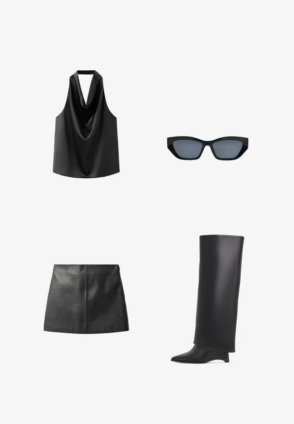 Sort ærmeløs top lavet af glat satin, med en draperet halsudskæring og en løs pasform med en afrundet kant. Ingen synlige detaljer eller mønstre.; Sort læderskørt med en glat tekstur, tætsiddende design og minimalistisk silhuet. Har en central sømdetalje og en diskret sidelukning.; Sort knælang støvle lavet af glat læder, med spids tå og trekantet hæl. Designet med en strømlinet, glat overdel.; Sorte katteøje-solbriller med tykke stel og mørke tonede linser, vist mod en hvid baggrund.