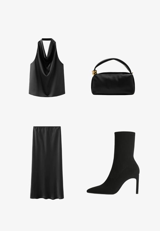 Haut sans manches noir en satin lisse, doté d'un col drapé et d'une coupe ample avec un ourlet arrondi. Pas de matériel ou de motifs visibles.; Jupe noire longue jusqu'au sol, fabriquée en matière lisse et légère, avec une taille élastique et un design simple. Aucun motif ou accent visible.; Bottine noire en suede doux, avec un bout pointu et un talon aiguille haut. Design minimaliste sans matériel ou motifs visibles.; Sac à main rectangulaire noir avec une poignée courte ornée de deux accents en forme d'anneaux dorés sur un côté, sur fond blanc.