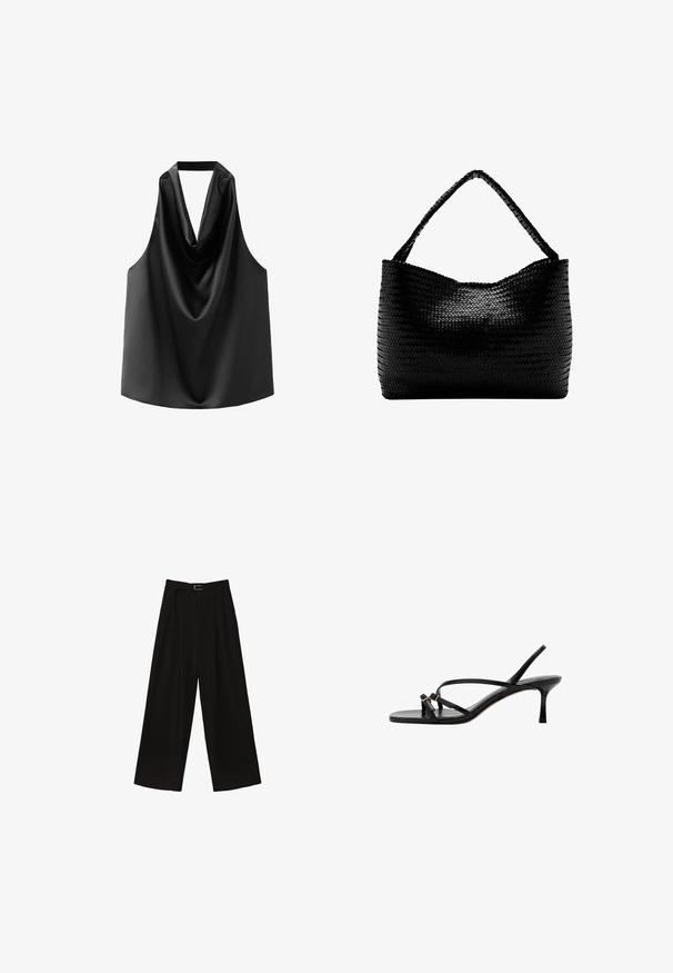 Haut sans manches noir en satin lisse, doté d'un col drapé et d'une coupe ample avec un ourlet arrondi. Pas de matériel ou de motifs visibles.; Pantalons larges noirs à taille haute, dotés d'une ceinture à la taille et de plis pour ajouter de la texture. Fabriqués dans un tissu lisse et léger.; Sandale en cuir noir à fines lanières, talon stiletto bas et deux petites boucles dorées près de la bride de l’orteil.; Sac à main tissé noir avec une anse unique tressée, forme rectangulaire et surface texturée brillante.