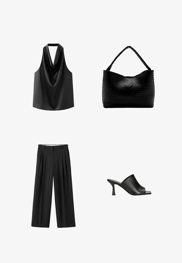 Haut sans manches noir en satin lisse, doté d'un col drapé et d'une coupe ample avec un ourlet arrondi. Pas de matériel ou de motifs visibles.; Pantalon noir à jambes larges avec plis devant, passants pour ceinture et fermeture avant dissimulée.; Mules ouverts en cuir noir au design épuré, avec une texture subtile et un talon bloc effilé pour plus de stabilité.; Sac à main tissé noir avec une anse unique tressée, forme rectangulaire et surface texturée brillante.