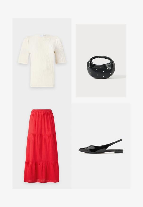 Blusa de manga corta color crema con un patrón de olas texturizado. Escote redondo y detalles de fruncido sutil en las mangas. Tejido ligero.; Falda maxi de algodón rojo con cinturilla elástica, que presenta tres volantes en capas y una textura suave. Diseño simple sin patrones visibles.; Zapatos de charol negro tipo slingback con puntera afilada y tacón bajo. Textura suave, diseño minimalista, parte trasera abierta y silueta elegante.; Bolso de mano de cuero negro con forma redondeada, decorado con detalles de tachuelas plateadas y un asa corta. Textura lisa y cierre con cremallera.