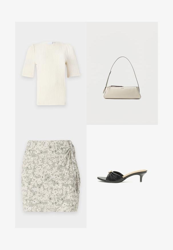Blouse à manches courtes de couleur crème avec un motif texturé en vagues. Encolure ronde et détails de fronces subtils aux manches. Tissu léger.; Jupe mini fleurie en vert clair et crème avec un côté froncé et des détails en accent noir. Tissu doux et texturé avec un design enroulé.; Mule en cuir noir à bout ouvert, talon kitten, bride froncée avec détail chaîne dorée sur fond blanc.; Petit sac à épaule en cuir beige avec une fine bandoulière et une fermeture éclair, orné d'un logo métallique discret au centre avant.