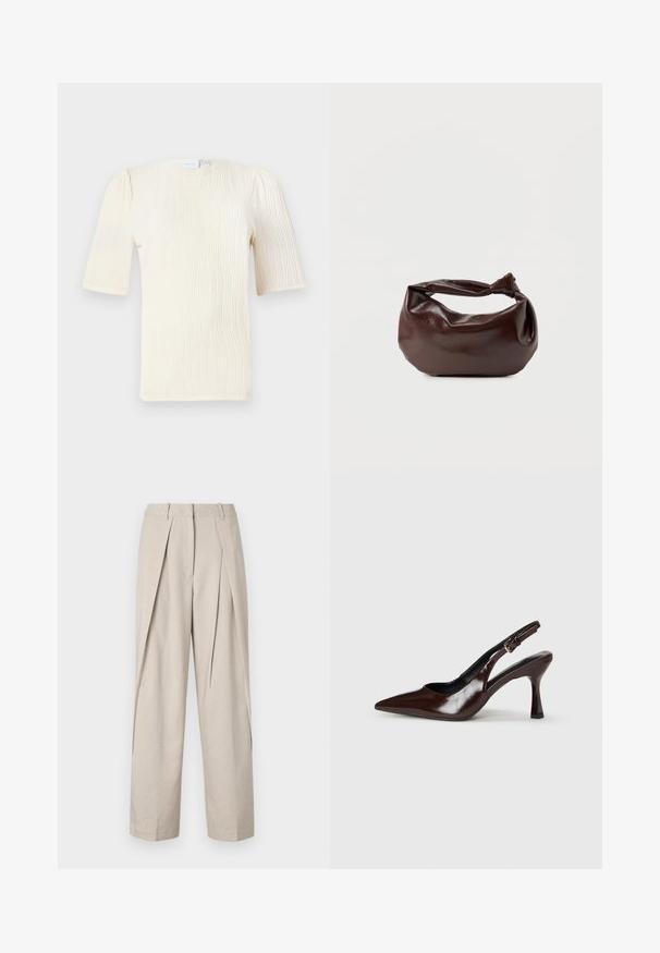 Blouse à manches courtes de couleur crème avec un motif texturé en vagues. Encolure ronde et détails de fronces subtils aux manches. Tissu léger.; Pantalons beige sur mesure avec devant plissé, jambes larges et texture lisse. Comprend une taille classique et des poches latérales.; Talons slingback en cuir verni brun avec un bout pointu, un talon fin, et une sangle réglable avec une petite boucle.; Sac bandoulière en cuir marron foncé avec une forme souple et décontractée et une anse nouée torsadée sur un fond blanc uni.