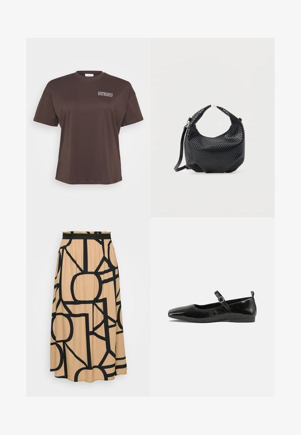Brun t-shirt med korte ærmer og teksten "ESPRESSO YOURSELF" i hvidt på øverste venstre side. Simpelt, afslappet design.; En lang beige nederdel med et sort geometrisk mønster. Funktioner et elastisk taljebånd og en glat stoftekstur. Rundet søm i bunden.; Sorte patentlæder flade sko med spidse tæer, en ankelrem med spænde og en glat, blank tekstur. Lav hæl for komfort.; Sort flettet læderhåndtaske med kort håndtag og aftagelig skulderrem, vist mod en ensfarvet lys baggrund.