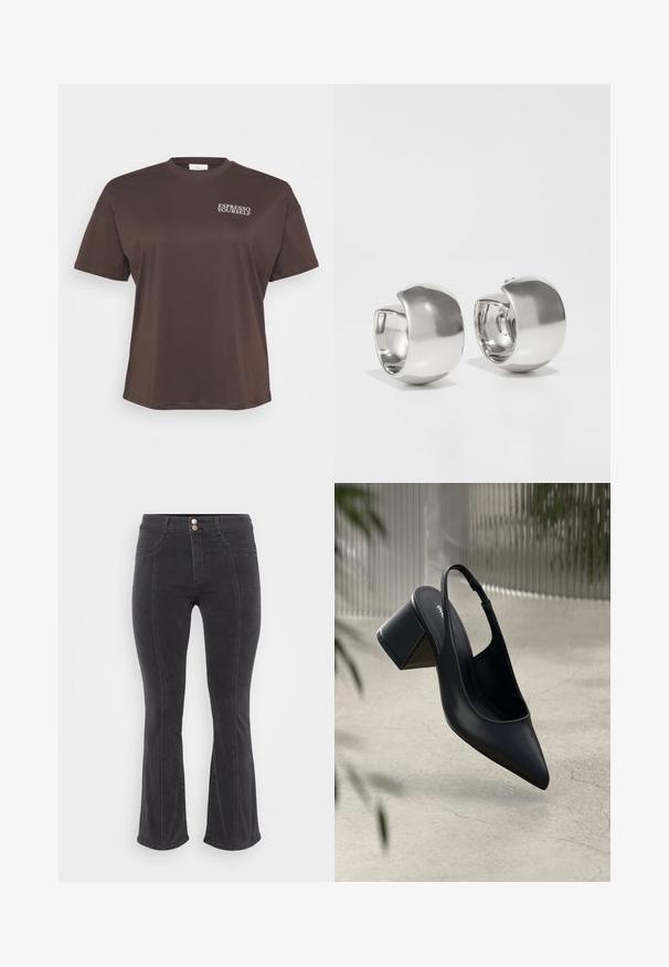 Brun t-shirt med korte ærmer og teksten "ESPRESSO YOURSELF" i hvidt på øverste venstre side. Simpelt, afslappet design.; Sorte denim jeans med flared ben og høj talje, der har to forlommer og dobbeltknaplukning, glat tekstur og minimale syninger.; Sort læder slingback hæl med spids tå og blokhæl. Glat tekstur, minimalistisk design og justerbar ankelrem.; Uncommon Matters SCULPTURAL LARGE CREOLE - Øreringe - silver-coloured