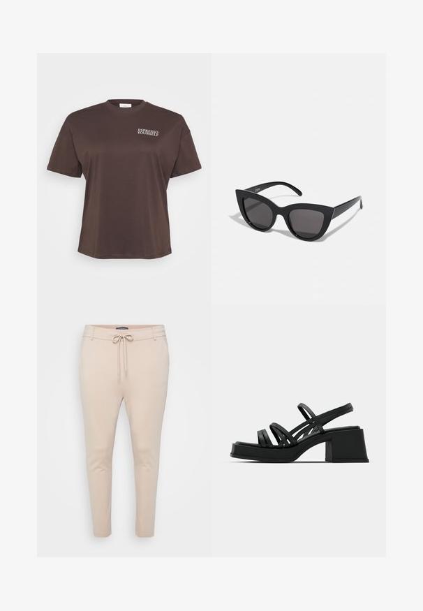 Camiseta marrón de manga corta con el texto "ESPRESSO YOURSELF" en blanco en la parte superior izquierda. Diseño simple y casual.; Pantalones jogger ligeros beige con cintura ajustable mediante cordón y dos bolsillos laterales. Textura suave, piernas ajustadas y detalles de costura mínimos.; Sandalias negras de tacón con múltiples tiras delgadas y un tacón ancho. Diseño elegante con una textura mate. La plantilla tiene una leve curvatura.; Gafas de sol negras en forma de ojo de gato con un acabado mate, que presentan lentes ahumados grises, ángulos pronunciados y brazos laterales elegantes. Nombre de la marca visible en el interior del brazo.