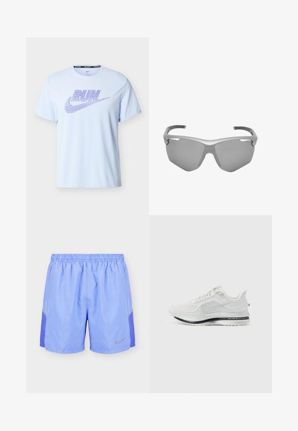 T-shirt de running Nike bleu clair à manches courtes avec texte "RUN" violet et logo swoosh sur la poitrine, col rond.; Shorts de sport bleu clair avec taille élastique, panneaux latéraux en mesh et un petit logo réfléchissant Nike sur la jambe gauche.; Chaussure de course Nike Air Zoom blanche avec dessus en mesh, logo swoosh gris, et semelle rembourrée noire sur un fond gris clair.; Lunettes de soleil de sport enveloppantes avec un seul verre teinté foncé et une épaisse monture grise incurvée, conçues pour une utilisation en extérieur.