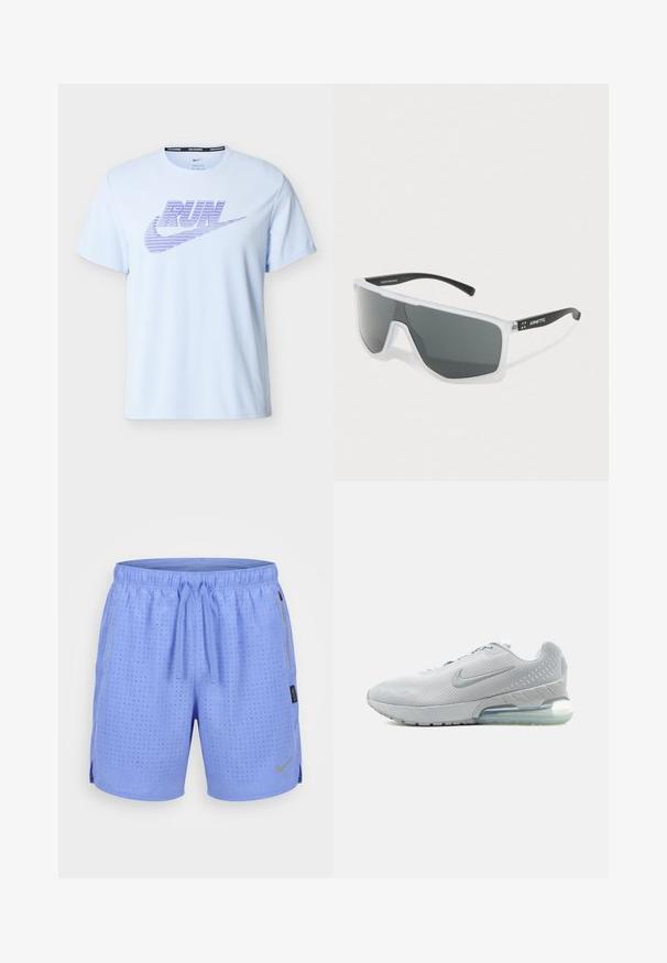 T-shirt de running Nike bleu clair à manches courtes avec texte "RUN" violet et logo swoosh sur la poitrine, col rond.; Short de sport violet clair avec petites perforations, taille élastique, cordon de serrage, poche latérale zippée et logo Nike sur la jambe gauche.; Chaussure de course Nike gris clair avec tige en mesh, coussin d'air visible dans la semelle et logo Nike swoosh argenté sur le côté.; Lunettes de soleil avec une monture blanche, verres rectangulaires sombres et branches noires, une des branches portant le logo "Arnette" en blanc.
