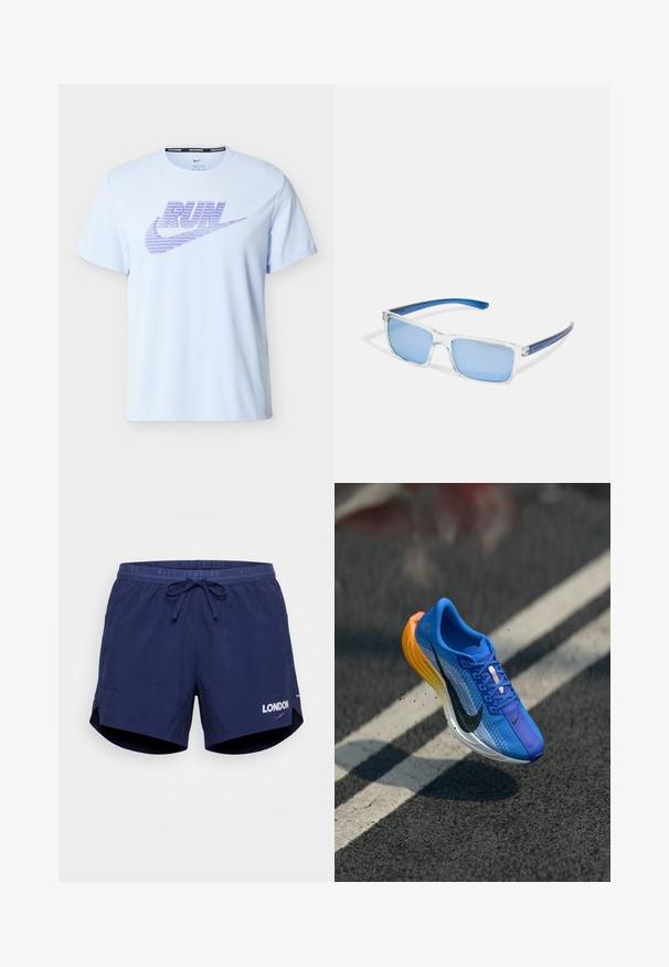 T-shirt de running Nike bleu clair à manches courtes avec texte "RUN" violet et logo swoosh sur la poitrine, col rond.; Short de running Nike bleu marine avec taille à cordon, poches latérales et « LONDON » imprimé au-dessus du logo Nike Swoosh sur la jambe gauche.; Chaussure de course Nike bleue et jaune en plein air au-dessus d'une route en asphalte avec des lignes blanches, soulevant de petites particules.; Arnette MWAMBA - Lunettes de soleil - transparent