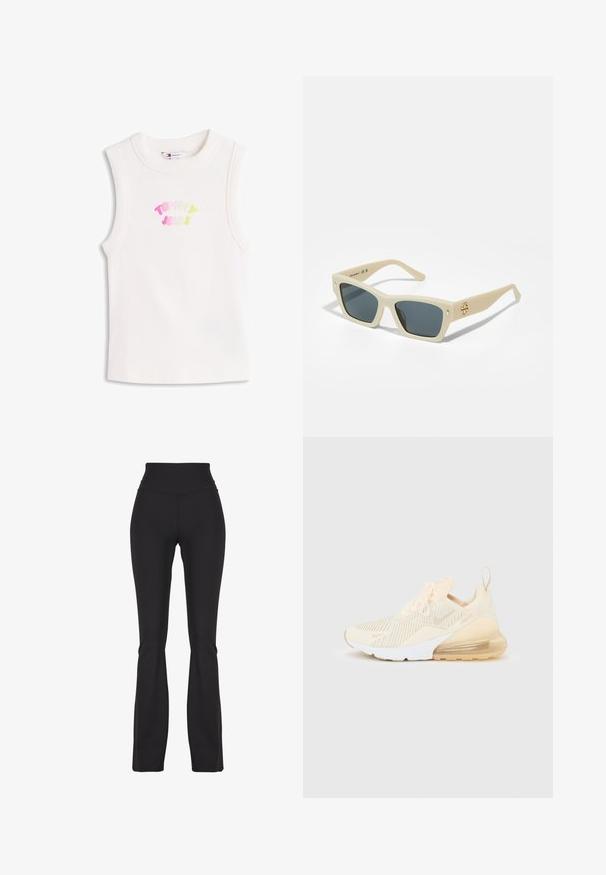 Hvid ribstrikket ærmeløs top med rund halsudskæring og farverig "Tommy Jeans"-logo trykt på brystet.; Sorte flared leggings lavet af strækbart stof, med en høj talje og glat tekstur, designet til komfort og bevægelighed.; Lys beige Nike Air Max sneaker med hvid sål, mesh-overdel, snørebånd og synlig luftpude ved hælen.; Tory Burch Solbriller - warm ivory