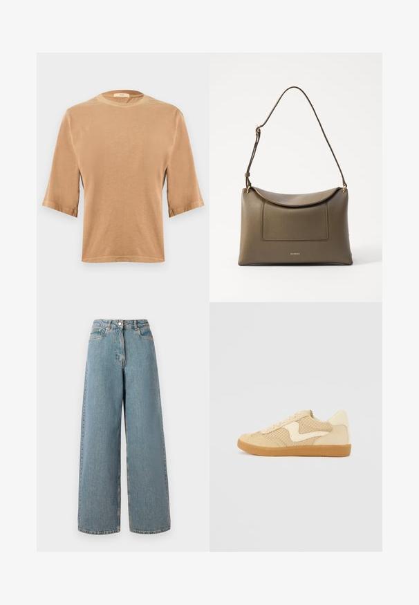 Bruine T-shirt met korte mouwen van zachte stof, met een ronde hals en een rechte zoom, voorzien van opgerolde mouwen en subtiele stikdetails.; Hogewaisted, lichtblauwe wijdvallende denim jeans met een ritssluiting aan de voorkant, knoopsluiting en zakken aan de voorkant.; Beige sneaker van suede en mesh materialen, ronde vorm, opvallende gepolsterde kraag en een gumrubberen zool. Kenmerkt zich door een golvend ontwerp accent.; Olijfgroene leren handtas met een gestructureerd oppervlak, een klepsluiting en een verstelbare schouderband. Bevat een voorkantvak en hardware in goudkleur.
