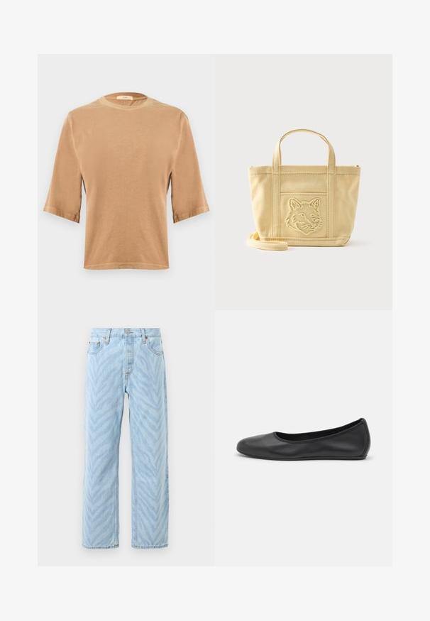 T-shirt marron à manches courtes en tissu doux avec un col rond et un ourlet droit, présentant des manches repliées et des détails de couture subtils.; Jeans droit light blue avec un motif subtil de rayures zèbres, fermeture par bouton et zip, et design à cinq poches.; Ballerines en cuir noir avec un bout rond, texture lisse, détails de couture minimalistes et design de semelle flexible.; Sac fourre-tout en toile beige avec des poignées courtes, une bandoulière amovible et une tête de renard brodée sur la poche avant.