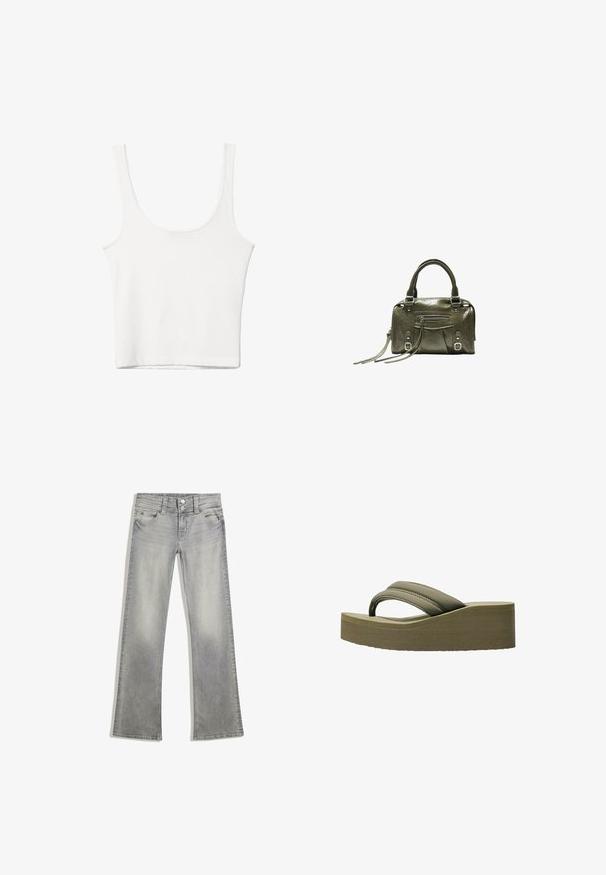 Hvid bomulds tanktop med en rundet halsudskæring, uden ærmer og en tætsiddende pasform. Glat tekstur, ensartet design og minimale syninger.; Grå denim flared jeans med en afdæmpet finish, der har en knaplukning, fem lommer og syet detaljering langs taljebåndet og kanten.; Olivegrønne platform flip-flops med en bred rem og tekstureret sål, der har en glat overflade og et buet design for komfort.; Oliven-grøn læderhåndtaske med dobbelte håndtag, lynlåslomme foran, spændedetaljer og lange kvaster på en hvid baggrund.