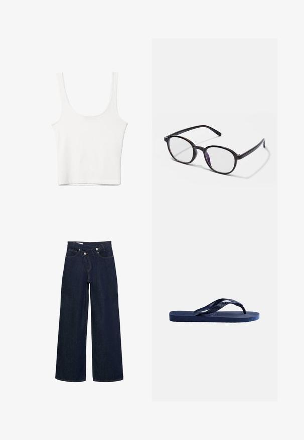 Débardeur en coton blanc avec un décolleté arrondi, sans manches et ajusté. Texture lisse, design uni et détails de couture minimaux.; Jean en denim bleu foncé à jambes larges, taille haute et fermeture à boutons, avec poches avant et arrière et coutures brunes.; Sandale tong en caoutchouc bleu foncé avec semelle texturée et bride en forme de Y sur un fond clair uni.; Lunettes à monture ronde en plastique écaille sombre avec des verres transparents et une légère teinte violette sur le verre droit. Présentent des embouts de branches flexibles.