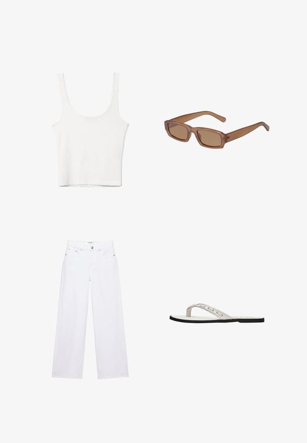 Débardeur en coton blanc avec un décolleté arrondi, sans manches et ajusté. Texture lisse, design uni et détails de couture minimaux.; Jean blanc taille haute à jambes larges avec fermeture à boutons et zip, poches avant et arrière, et détails en rivets argentés.; Sandale flip-flop plate blanche avec des fines brides présentant des détails découpés et une semelle noire.; Lunettes de soleil brunes, rectangulaires, avec une monture transparente, des branches fines et des verres teintés, offrant une texture lisse et un design moderne.