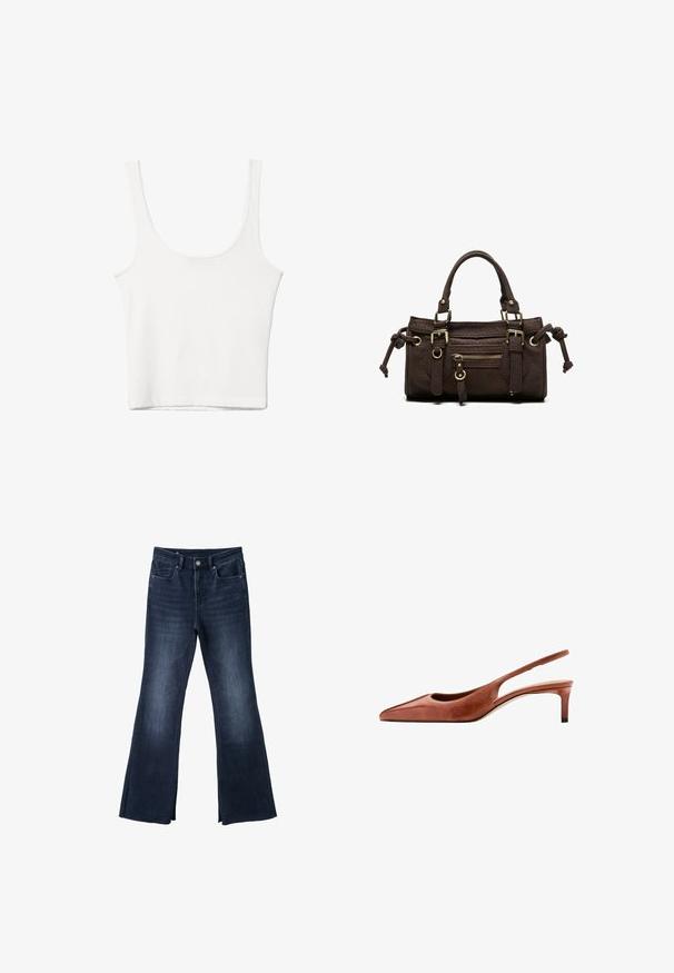 Débardeur en coton blanc avec un décolleté arrondi, sans manches et ajusté. Texture lisse, design uni et détails de couture minimaux.; Jeans évasés bleu foncé avec poches avant, fermeture par bouton et zip, et décoloration subtile sur les cuisses et les genoux.; Chaussure slingback en cuir marron à bout pointu, petit talon kitten et fine bride autour du talon sur fond blanc.; Sac à main en cuir marron foncé avec double poignée, poche avant zippée, boucles décoratives et nœuds latéraux sur fond blanc.