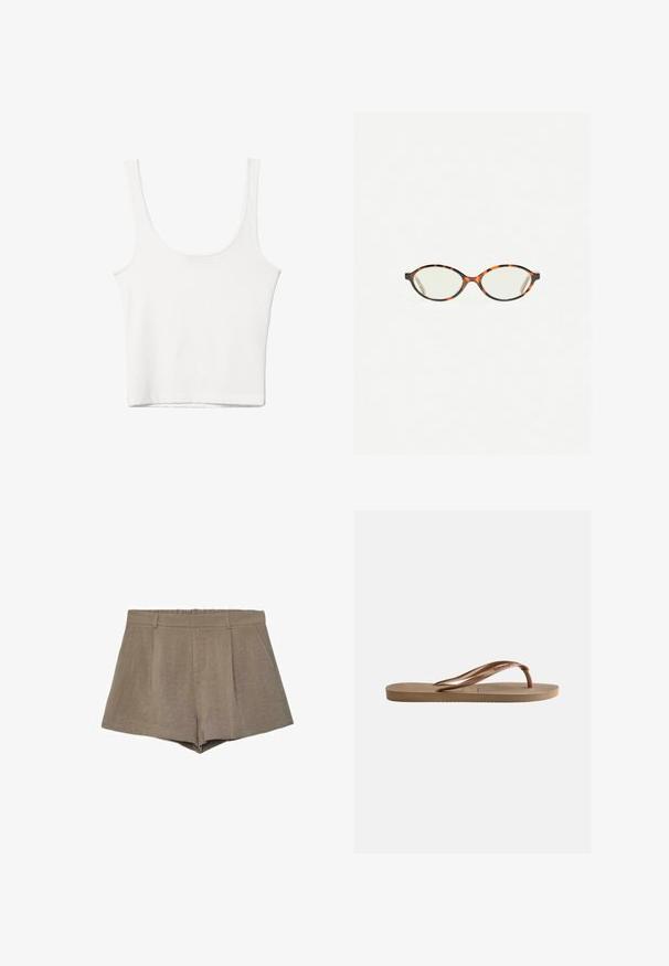 Hvid bomulds tanktop med en rundet halsudskæring, uden ærmer og en tætsiddende pasform. Glat tekstur, ensartet design og minimale syninger.; Beige, højtaljede skræddersyede shorts med bæltestropper, forlommer og en let udvidet kant, velegnet til både afslappet og formel påklædning.; Brun gummiflipflop sandal med tekstureret sål og mærket V-formede remme på en ensartet lys baggrund.; Skildpaddebriller med ovale linser og en elegant, glat finish. Har tynde sider med en subtil kurve ved tindingerne. Klare linser.