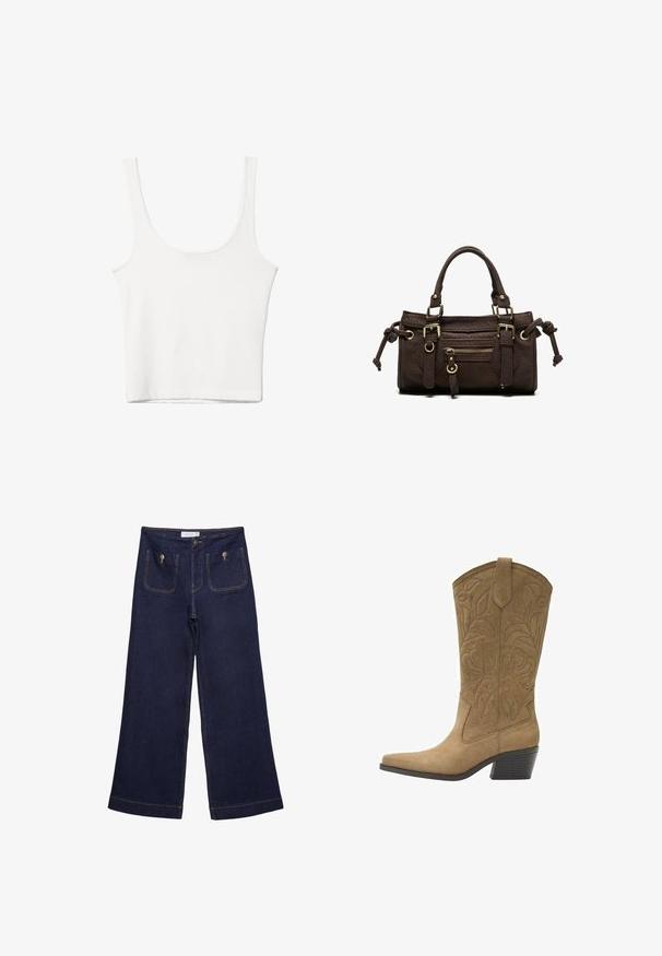 Débardeur en coton blanc avec un décolleté arrondi, sans manches et ajusté. Texture lisse, design uni et détails de couture minimaux.; Pantalon en jean large bleu foncé à taille haute, poches plaquées à l'avant fermées par des boutons en métal et détails de coutures visibles.; Botte de cow-boy en daim tan avec broderie florale, bout pointu, languette de tirage et talon empilé de hauteur moyenne.; Sac à main en cuir marron foncé avec double poignée, poche avant zippée, boucles décoratives et nœuds latéraux sur fond blanc.