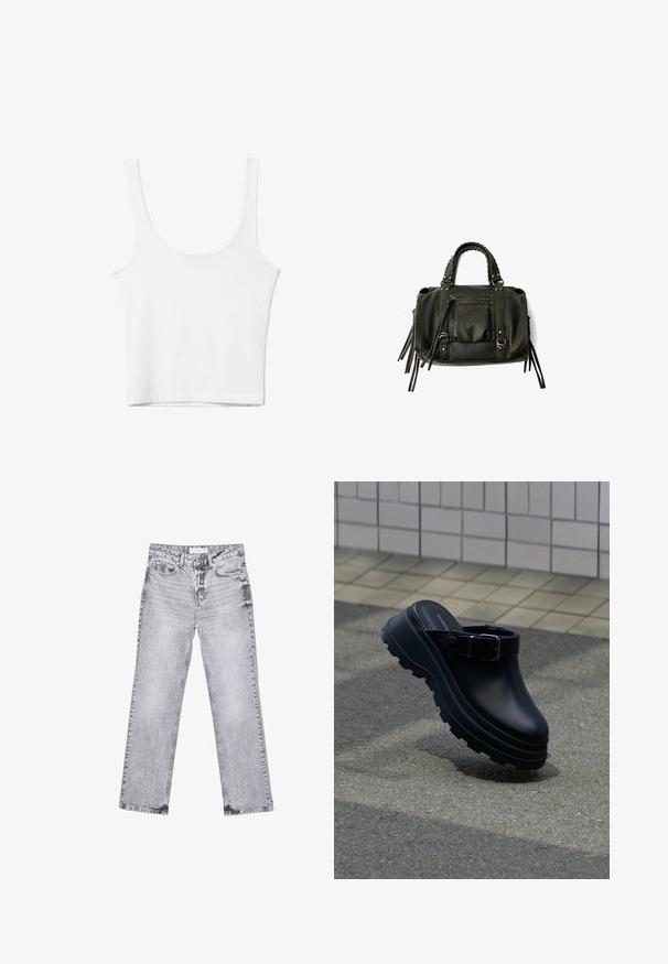 Weißes Baumwoll-Top mit Rundhalsausschnitt, ohne Ärmel und figurbetontem Schnitt. Glatte Textur, schlichtes Design und minimale Nähdetails.; Graue Jeans aus Denim mit geradem Bein, mit Used-Effekten, fünf Taschen und kupferfarbenen Nieten. Der Bund verfügt über ein Logoshirt.; Schwarzer Slip-on-Clog mit dicker profilierten Sohle und verstellbarem Riemen, über Asphalt positioniert, mit gefliester Wand im Hintergrund.; Schwarze Lederhandtasche mit geflochtenen Griffen, Reißverschlussfach und hängenden Quasten. Strukturiert Oberfläche mit Metallnieten und Hardware-Akzenten.