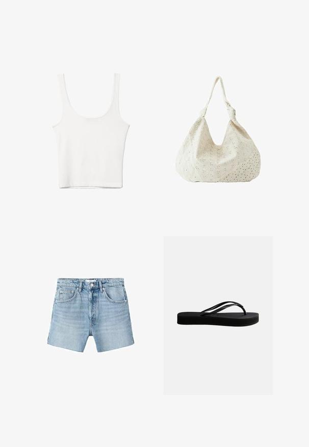 Débardeur en coton blanc avec un décolleté arrondi, sans manches et ajusté. Texture lisse, design uni et détails de couture minimaux.; Shorts en denim bleu clair avec une coupe droite, design à cinq poches, quincaillerie en métal et légère décoloration. Le tissu a une texture lisse.; Tongs en caoutchouc noir avec semelle texturée et bride en forme de Y, vues de côté sur un fond clair uni.; Sac à épaule en tissu couleur crème avec broderie florale à œillets et une seule bandoulière souple.