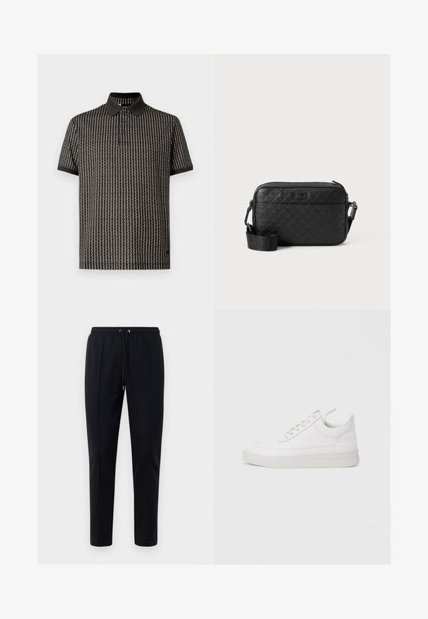 Camiseta polo negra con un patrón texturizado de zigzags blancos, mangas cortas y un cuello negro, con tres botones en el escote.; Pantalones de chándal negros hechos de material suave y elástico. Cuentan con una cintura elástica con cordones y piernas ajustadas. Sin patrones visibles.; Zapatilla blanca de cuero con punta redondeada, suela plana y cierre de cordones. Presenta detalles de costuras y un cuello acolchado para mayor comodidad.; Bolso crossbody negro de textura con patrón geométrico en relieve y correa ajustable que presenta el logotipo de la marca.