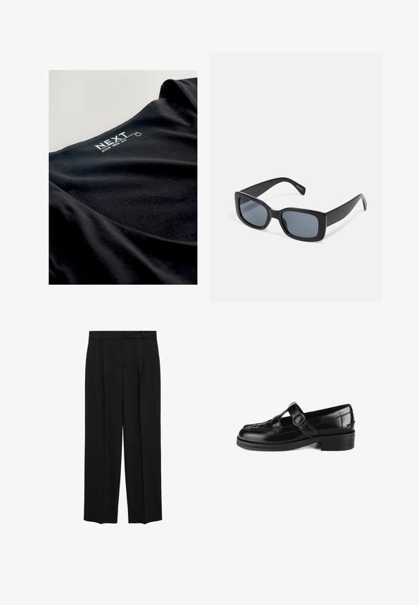 Schwarzes Top mit Rundhalsausschnitt aus weichem Stoff, das eine glatte Textur aufweist und den Markennamen "NEXT" in Weiß am Ausschnitt gedruckt hat.; Schwarze maßgeschneiderte Hose mit hoher Taille, gefalteter Gestaltung, geradem Bein und glatter Stoffoberfläche. Hat Gürtelschlaufen und Seitentaschen.; Schwarze Leder-Loafer mit niedrigem Blockabsatz, einem Schnallenriemen über dem Spann und geflochtenen Details an der Zehe.; Schwarze rechteckige Sonnenbrille mit dunkel getönten Gläsern, dickem Kunstrahmen und breiten Bügeln. Glatte Oberfläche und kantiges Design.