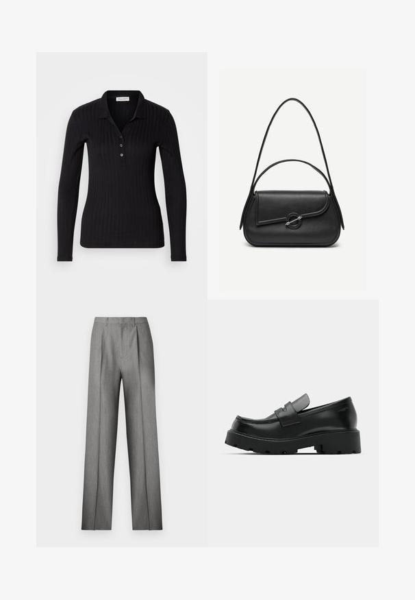Sort langærmet polo-shirt lavet af ribbet stof, med krave, tre-knaps lukning og slank pasform.; Grå skræddersyede bukser med et plisseret frontpanel, lige ben og en subtil tekstur. Har en linning med bæltestropper og ingen synlige lommer.; Sorte læder loafers med en chunky tekstureret sål, der har en rem over vamps og en glat, poleret finish.; Sort læderhåndtaske med afrundede kanter, asymmetrisk klap, metalcirkulært spænde samt både korte og lange skulderstropper.