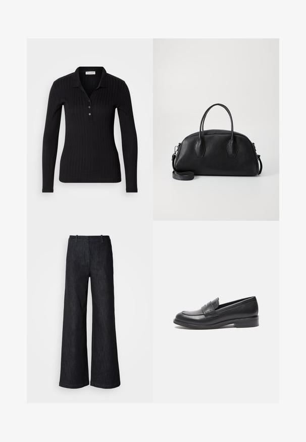 Sort langærmet polo-shirt lavet af ribbet stof, med krave, tre-knaps lukning og slank pasform.; Sorte viddebenede denimbukser med en tekstureret finish, udstyret med bæltestropper og en ren kant. Klassisk design, velegnet til forskellige lejligheder.; Sorte læderloafer med en glat overflade, rund tå og sidesyning. Har en lav, rektangulær hæl.; Sort læder håndtaske med rund form, dobbelte top håndtag, tekstureret overflade og aftagelig skulderrem. To hexagonale detaljer på siderne.