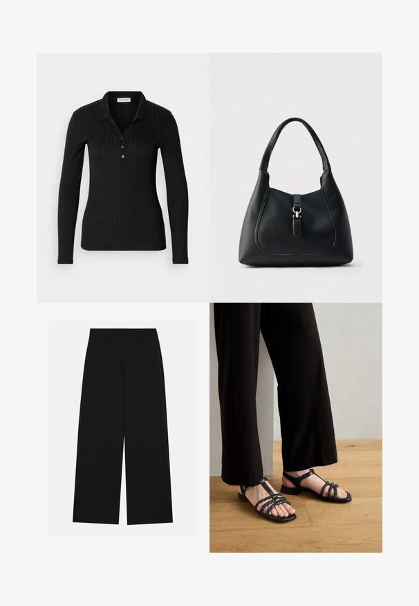 Zwarte lange mouwen polo shirt van ribstof, met een kraag, drie knoopsluiting en een slim-fit ontwerp.; Zwart, wijde broek van een gladde stof. Heeft een plat tailleband met riemlussen en geen zichtbare zakken. Eenvoudig ontwerp.; Gabor Comfort Sandalen - schwarz/gold; Zwarte leren handtas met een gestructureerd oppervlak, een gebogen vorm en een gouden accenten in de hardware. Voorzien van een enkele handgreep en een sluitingdetail.